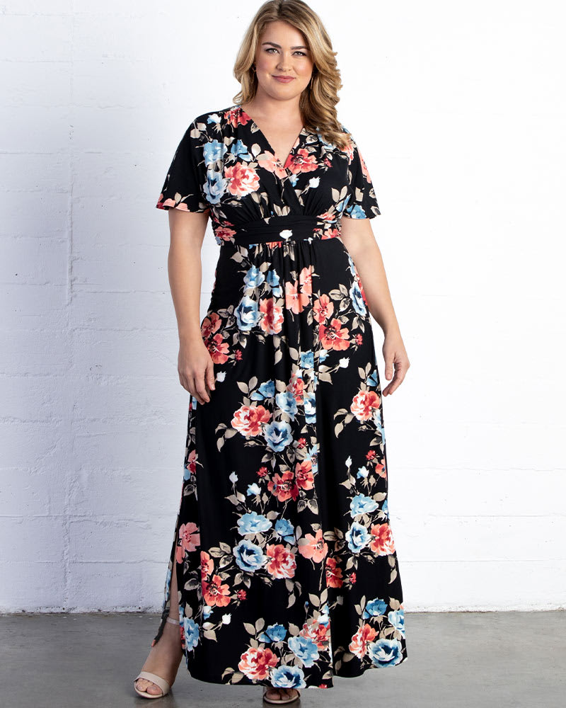 Front of a model wearing a size 0X Vienna Maxi Dress in MOODY MEADOW PRINT by Kiyonna. | dia_product_style_image_id:223955